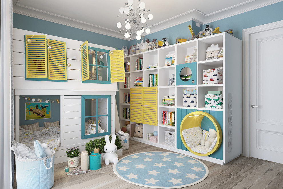 Design ideas for a mid-sized contemporary kids' playroom for boys and kids 4-10 years old in Moscow with blue walls, light hardwood floors and beige floor.