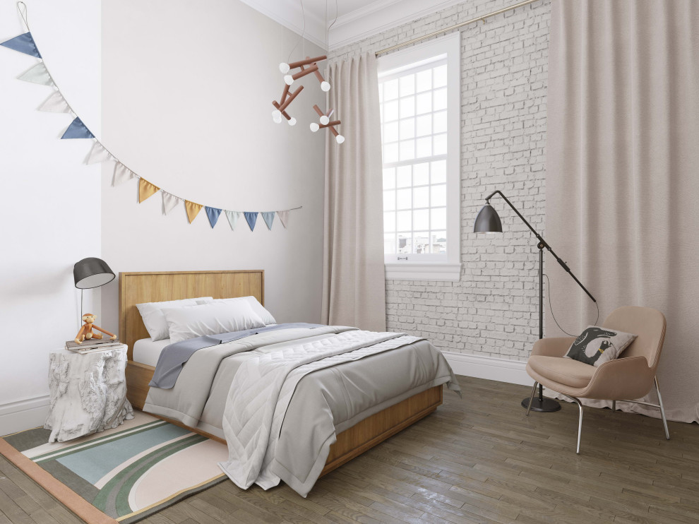 Minimalistisk inredning av ett stort könsneutralt barnrum kombinerat med sovrum och för 4-10-åringar, med vita väggar, mellanmörkt trägolv och beiget golv