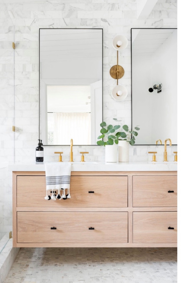 Example of a mid-sized minimalist master white tile and marble tile white floor and double-sink claw-foot bathtub design in Denver with furniture-like cabinets, light wood cabinets, white walls, an undermount sink, quartzite countertops, white countertops and a floating vanity