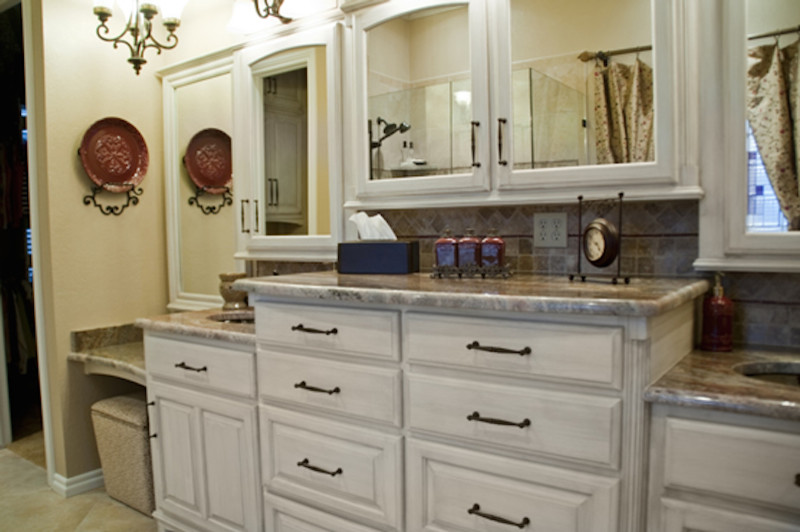 Design ideas for a mid-sized transitional master bathroom in Oklahoma City with shaker cabinets, white cabinets, beige tile, brown tile, gray tile, ceramic tile, marble benchtops, a drop-in tub, a corner shower, beige walls, marble floors and an undermount sink.