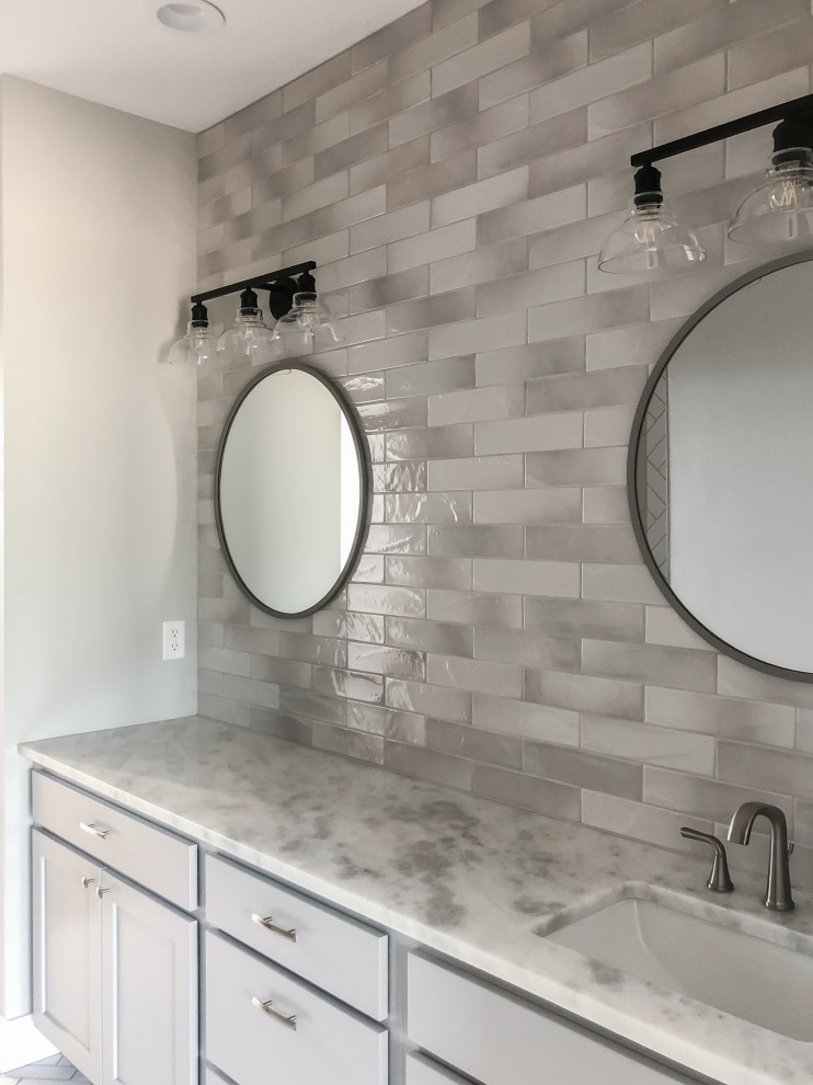 Custom tile wall in master bathroom with one sink - Bathroom - Other ...