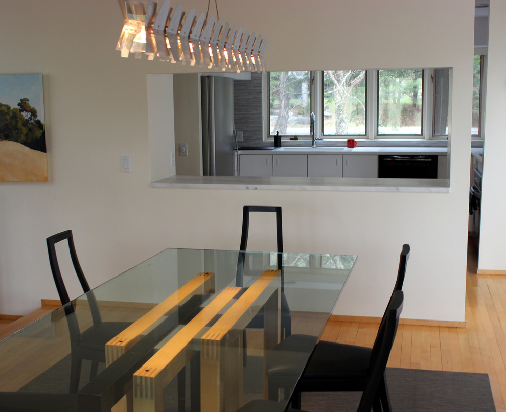 Design ideas for a mid-sized modern kitchen/dining combo in Burlington with white walls and light hardwood floors.