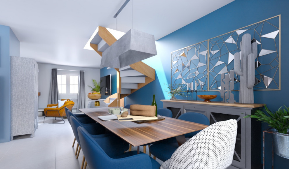 Свежая идея для дизайна: большая гостиная-столовая в стиле ретро с синими стенами, полом из керамической плитки, стандартным камином, фасадом камина из бетона, серым полом и обоями на стенах - отличное фото интерьера