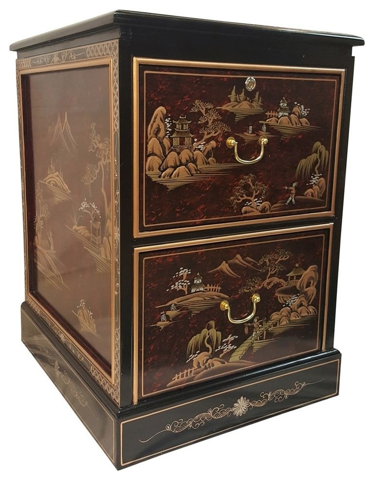 30" Oriental Black Lacquer 2 Drawer File Hand Painted Asian