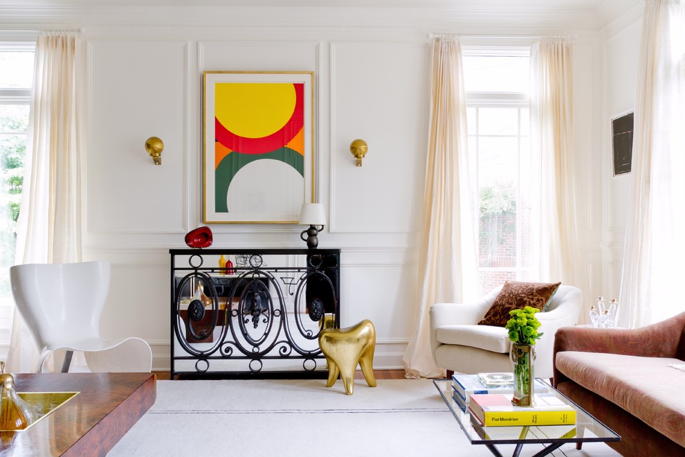 Inspiration for a contemporary formal medium tone wood floor living room remodel in DC Metro with white walls