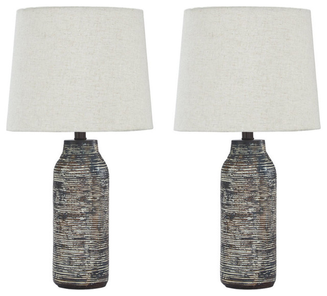 Benzara Fabric Shade Table Lamp, Textured Base, 2-Piece Set, White & Black