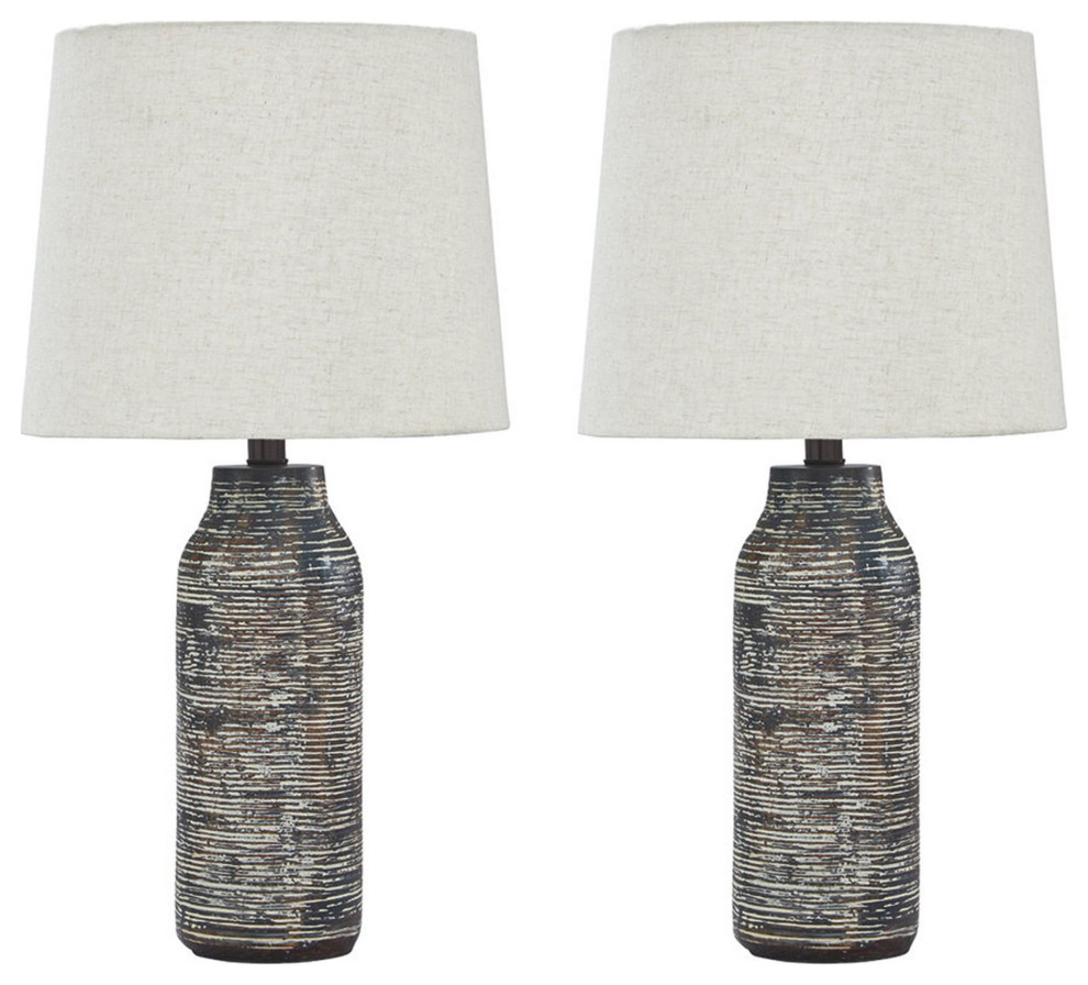 Benzara Fabric Shade Table Lamp, Textured Base, 2-Piece Set, White & Black