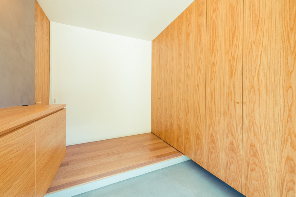 Пример оригинального дизайна: узкая прихожая с коричневыми стенами, бетонным полом, одностворчатой входной дверью, входной дверью из дерева среднего тона, серым полом, потолком с обоями и обоями на стенах