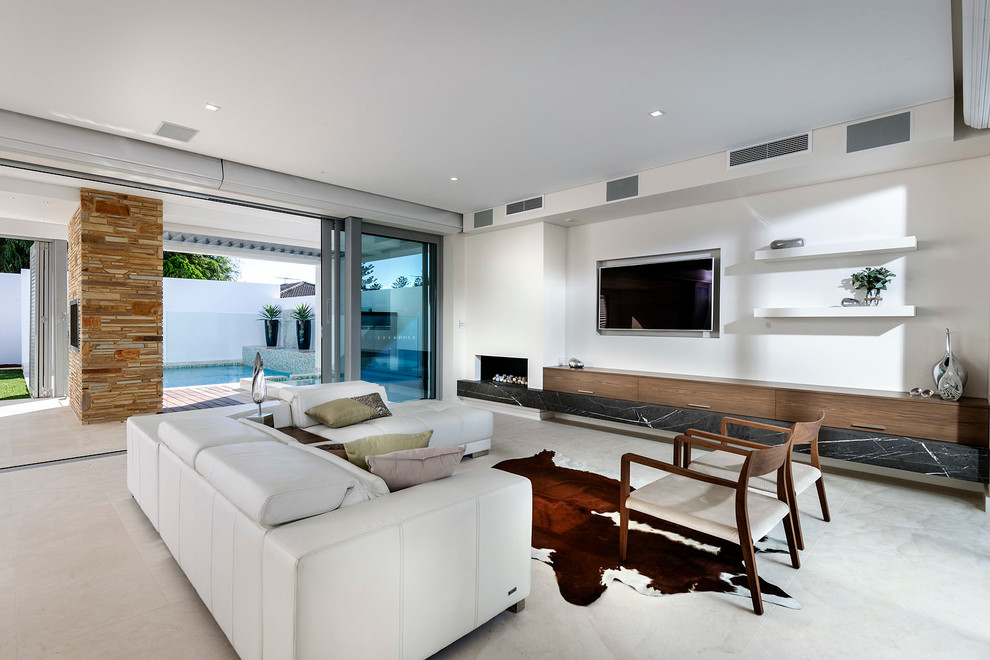 Inspiration for a large contemporary open concept family room in Perth with a concealed tv and a ribbon fireplace.