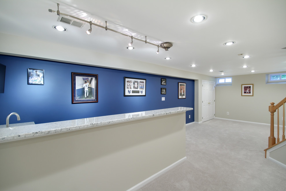 Mid-sized transitional look-out basement in Philadelphia with beige walls, carpet and no fireplace.