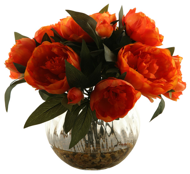 D & W Silks D&W Silks Orange Peonies in Glass Ball ...