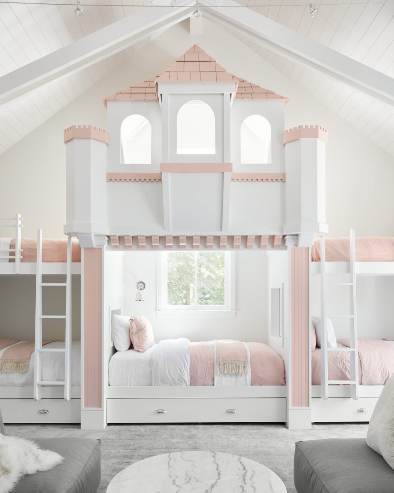Lakehouse Lux - Kids' bedroom - bedroom coastal girl gray floor, shiplap ceiling and vaulted ceiling kids' bedroom idea in Chicago with white walls