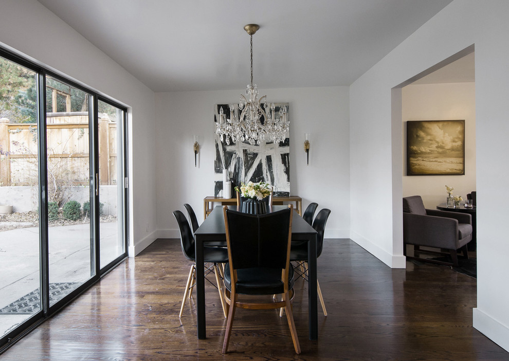 This is an example of a midcentury separate dining room in Salt Lake City with white walls and dark hardwood floors.