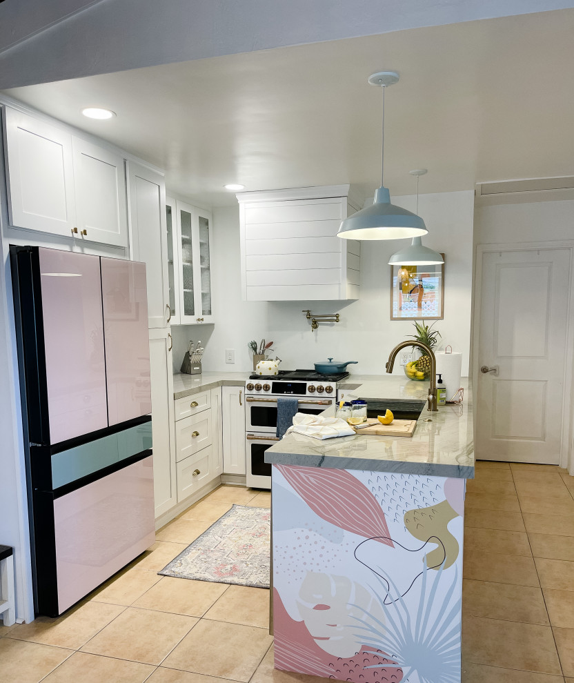 Design ideas for a small beach style u-shaped eat-in kitchen in Hawaii with an undermount sink, shaker cabinets, white cabinets, panelled appliances, porcelain floors, a peninsula, beige floor, grey benchtop and quartzite benchtops.