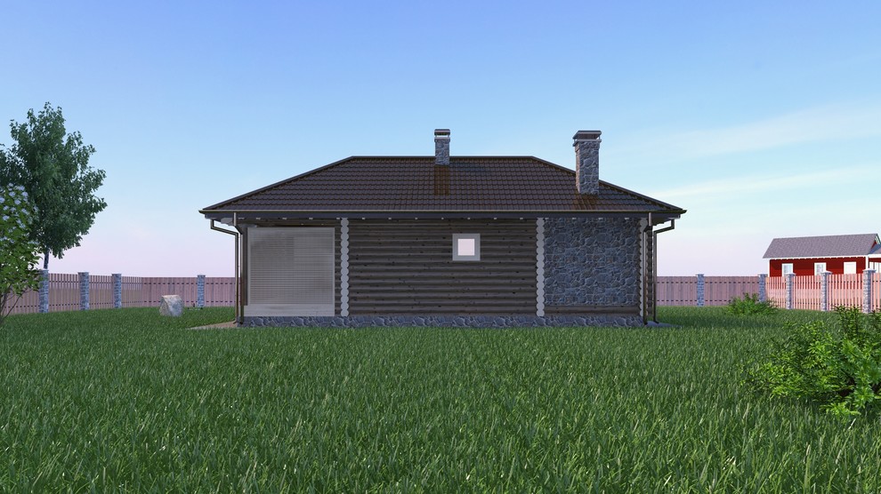 одноэтажная баня с застекленной верандой и дровяником