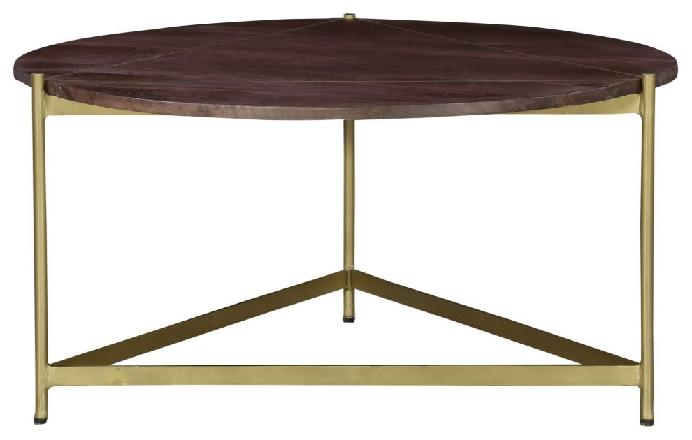 Ellis 32" Round Wood Coffee Table With Brass Metal Base, Brown, Matte Gold