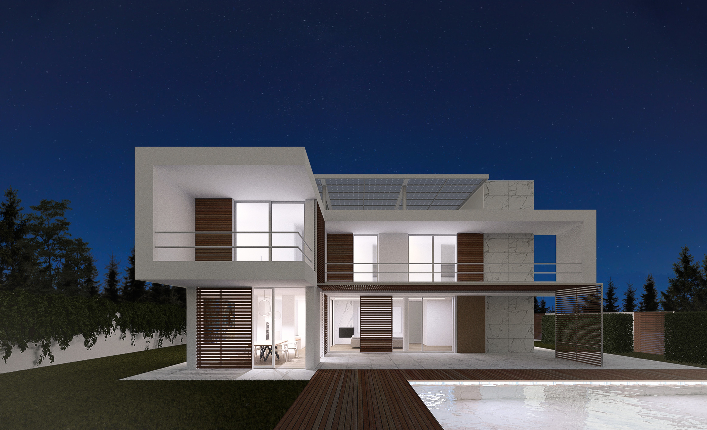 Example of a mid-sized minimalist white two-story stone exterior home design in Catania-Palermo with a mixed material roof