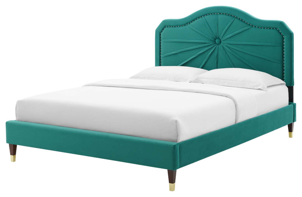 Platform Bed Frame, Queen Size, Velvet, Dark Gray, Modern Contemporary Contemporary Platform