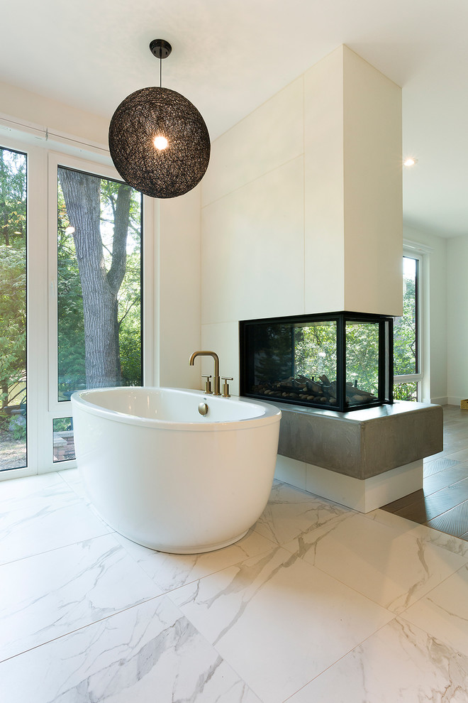 Inspiration for a large midcentury master bathroom in Other with flat-panel cabinets, medium wood cabinets, a freestanding tub, an alcove shower, white tile, grey walls, an undermount sink, concrete benchtops, white floor and an open shower.