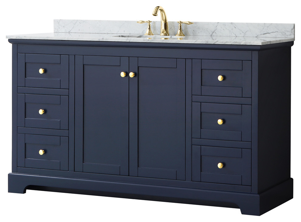 60" Single Bathroom Vanity, Dark Blue, Carrara Marble Counter, Sink, No Mirror - Transitional ...