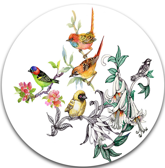 Tropical Flowers And Birds, Birds Large Disc Metal Wall Art Tropical