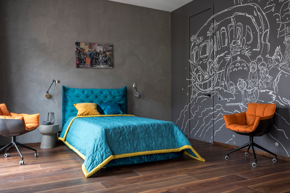 Design ideas for a mid-sized contemporary gender-neutral kids' bedroom for kids 4-10 years old in Moscow with grey walls, dark hardwood floors and brown floor.