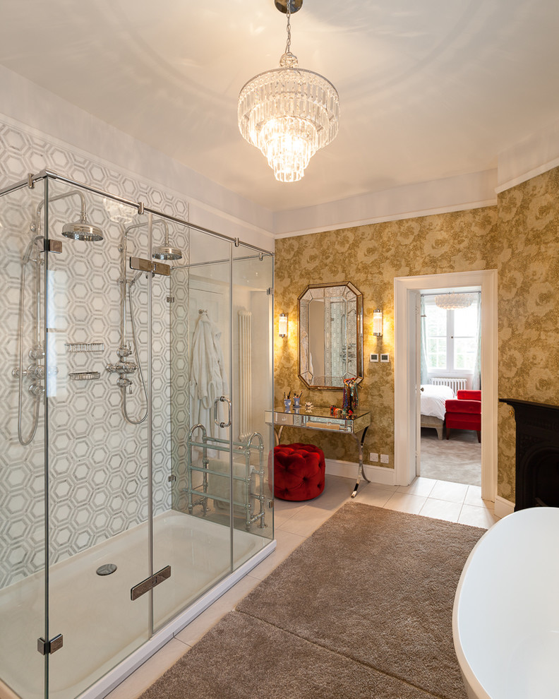 Large traditional master bathroom in Hertfordshire with a freestanding tub, a double shower, porcelain tile, porcelain floors and a drop-in sink.