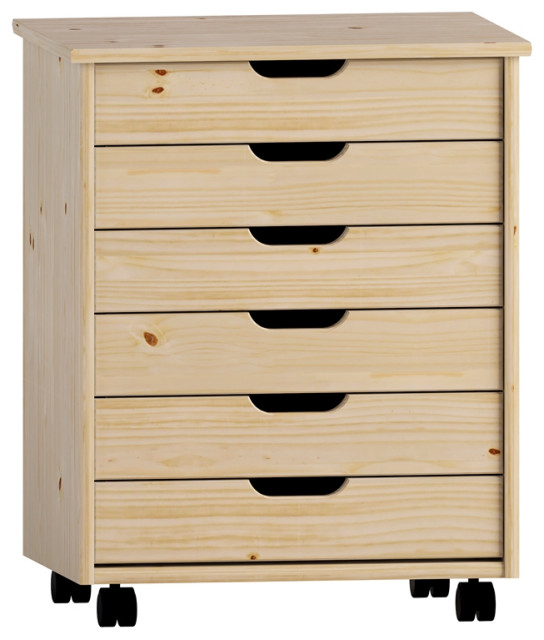 Riverbay Furniture Six Drawer Wide Wood Rolling Cart in Natural