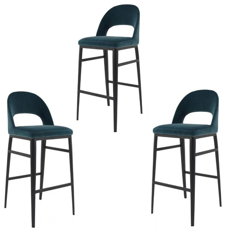 Home Square 3 Piece Roger Velvet Bar Stool Set with Metal Base in Teal