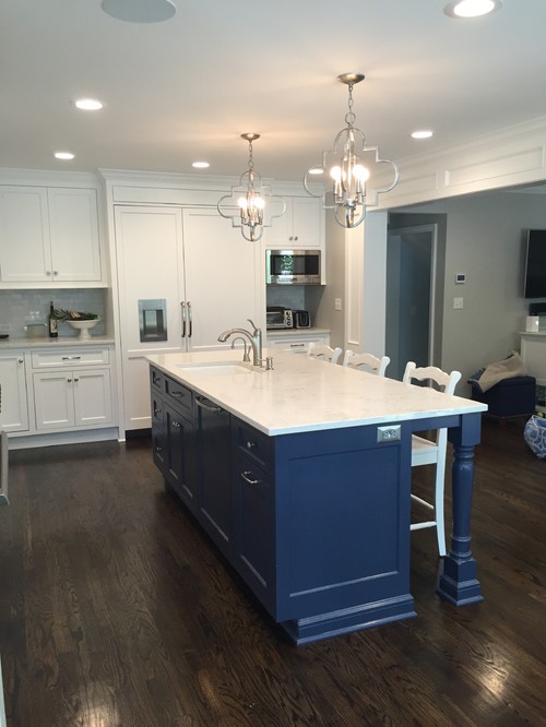 Kitchen reveal navy island and white