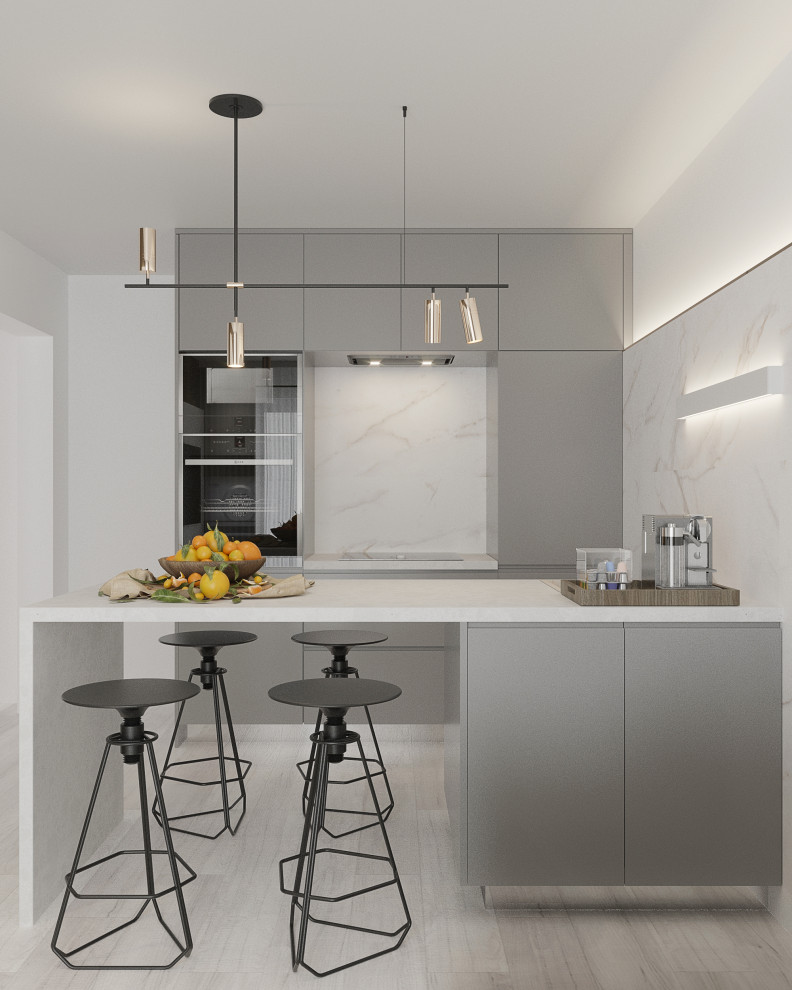 Дизайн интерьера маленькой кухни с барной стойкой, диваном и ТV зоной.