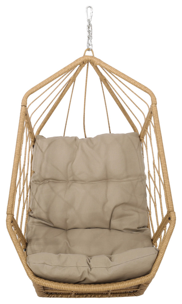 Jewell Outdoor Wicker Hanging Basket Chair With Cushions, Light Brown