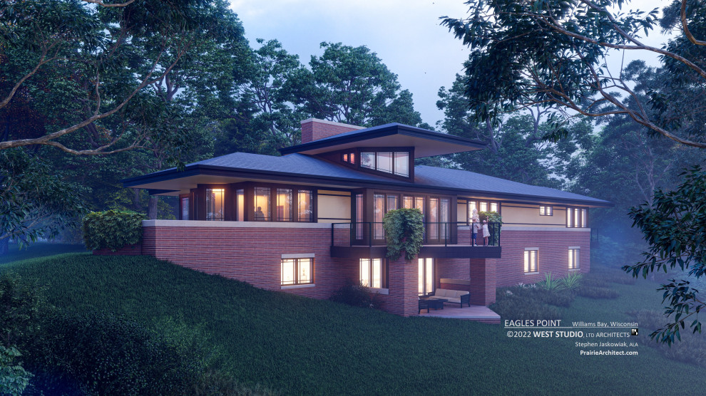 Идея дизайна: двухэтажный, кирпичный частный загородный дом среднего размера в восточном стиле