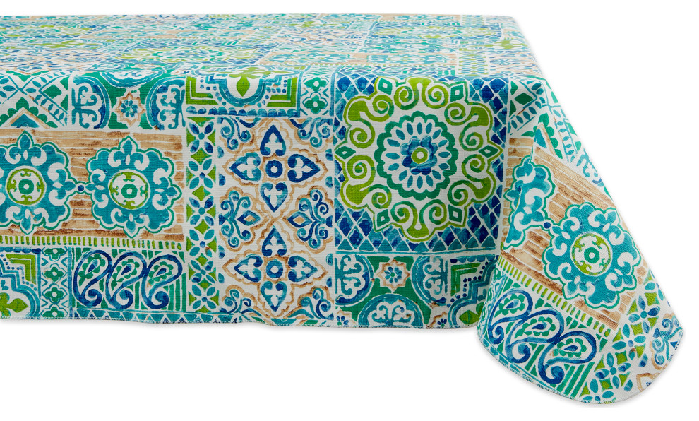 Spanish Tile Vinyl Tablecloth 70"R, 60x102" Contemporary