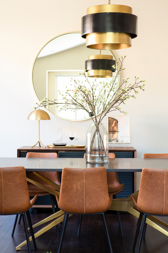 Inspiration for a contemporary dining room in San Francisco with white walls and dark hardwood floors.
