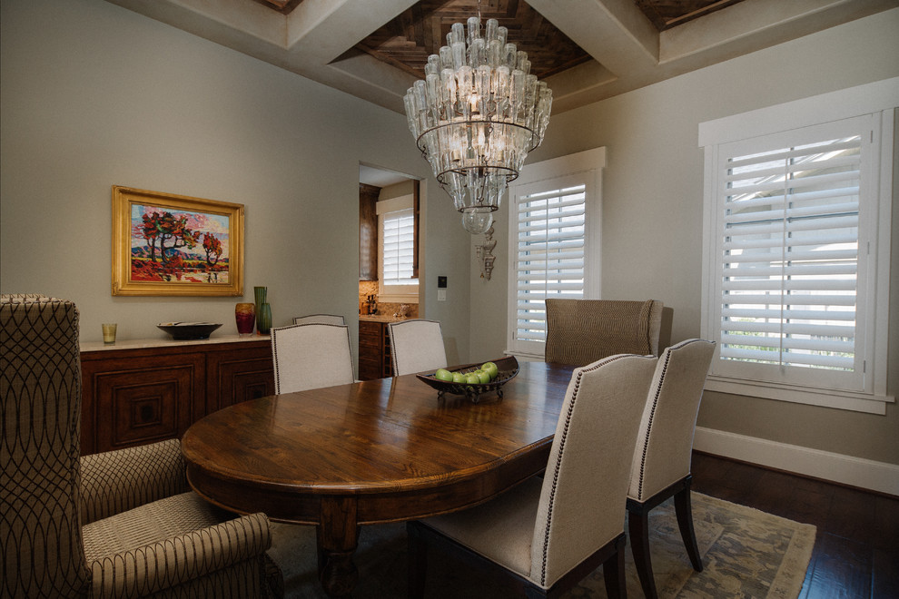 Mid-sized transitional separate dining room in Houston with grey walls, medium hardwood floors and no fireplace.