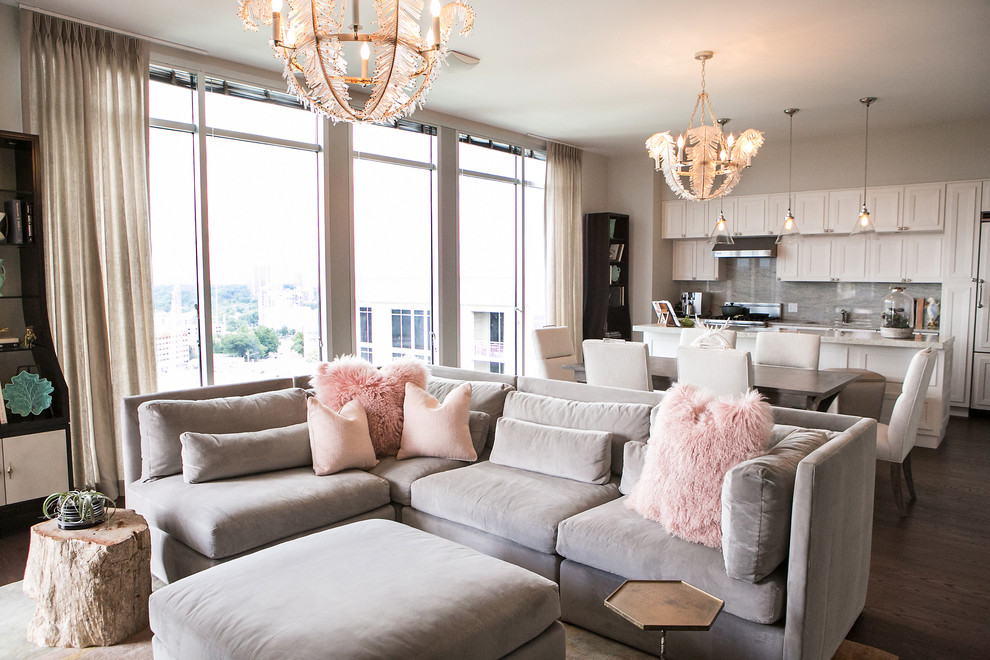 Inspiration for a mid-sized transitional open concept and formal dark wood floor and brown floor living room remodel in Atlanta with gray walls, no fireplace and no tv