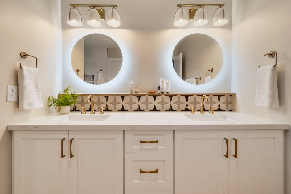 Photo of a large master bathroom in Phoenix with shaker cabinets, white cabinets, an open shower, white tile, porcelain tile, beige walls, porcelain floors, an undermount sink, engineered quartz benchtops, beige floor, an open shower, white benchtops, a shower seat, a double vanity, a built-in vanity and planked wall panelling.