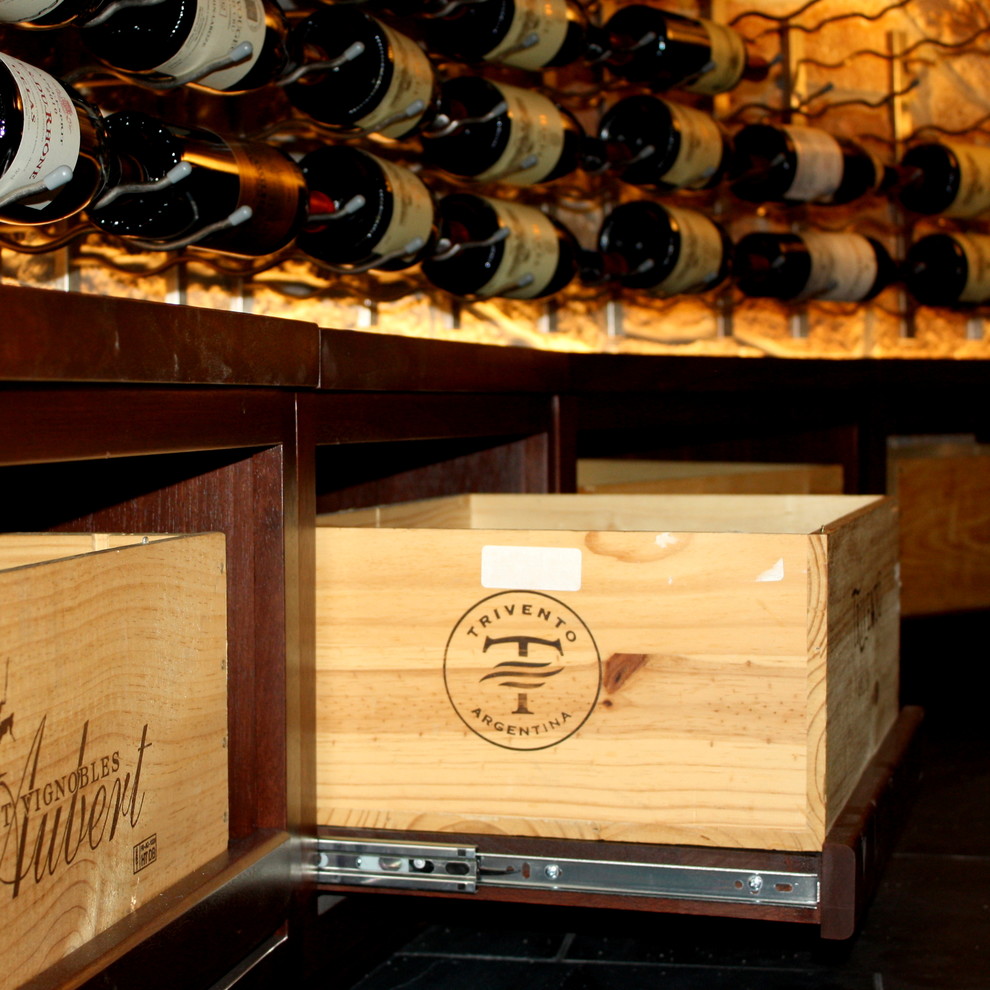 Design ideas for a small contemporary wine cellar in Dallas with storage racks.