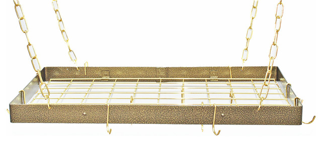 Hanging Rectangle Pot Rack With Grid, Hammered Bronze and Brass