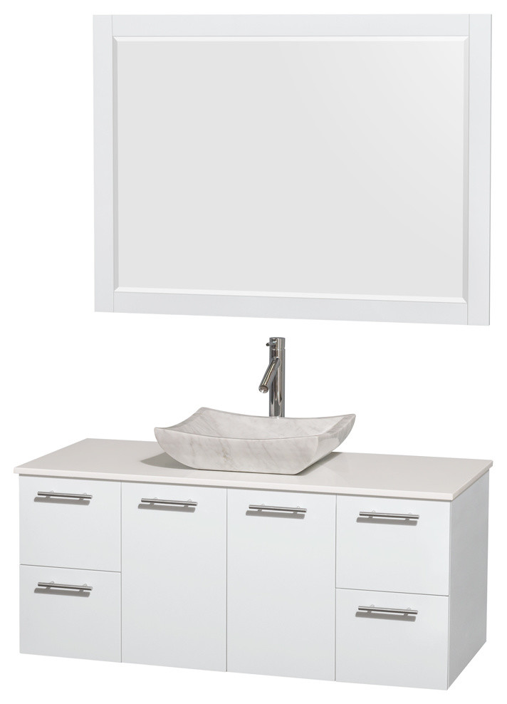 48" Single Vanity,Glossy White,White Stone Top,Sink,46" Mirror