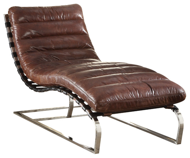 Qortini Stainless Steel Top Grain Leather Lounge Chaise Vintage Dark Brown