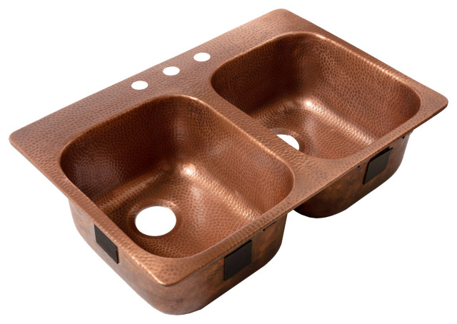 Santi 33" Drop-in Copper Double Bowl Kitchen Sink, 3-Hole