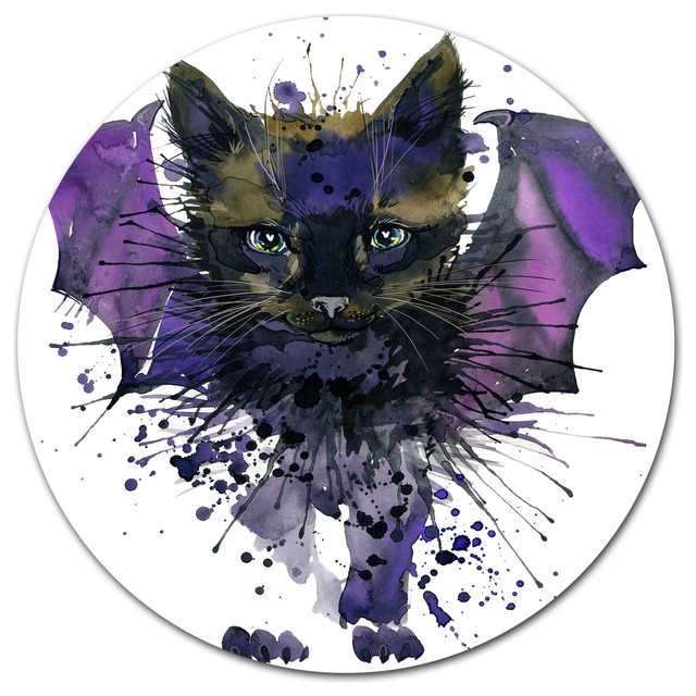 Black Cat With Blue Wings, Animal Disc Metal Wall Art Contemporary