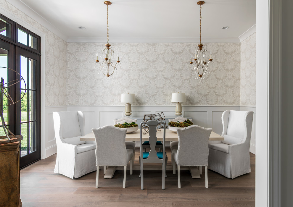 Inspiration for a mid-sized traditional separate dining room in Nashville with medium hardwood floors, beige walls, brown floor and no fireplace.