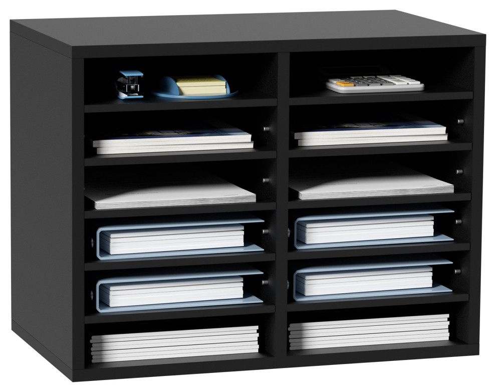 12 Compartments Wood File Organiser Office Mailbox with Adjustable Shelves Transitional