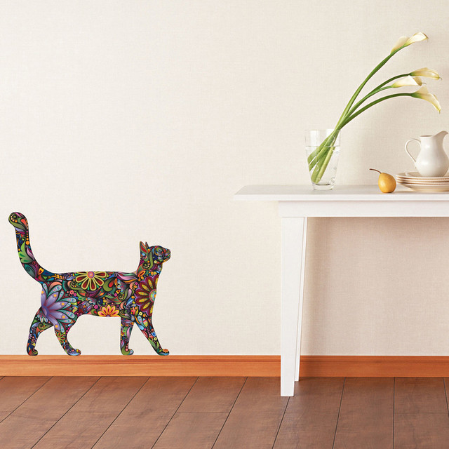 Walking Cat Wall Sticker Decal in Floral Pattern, Small, As Shown