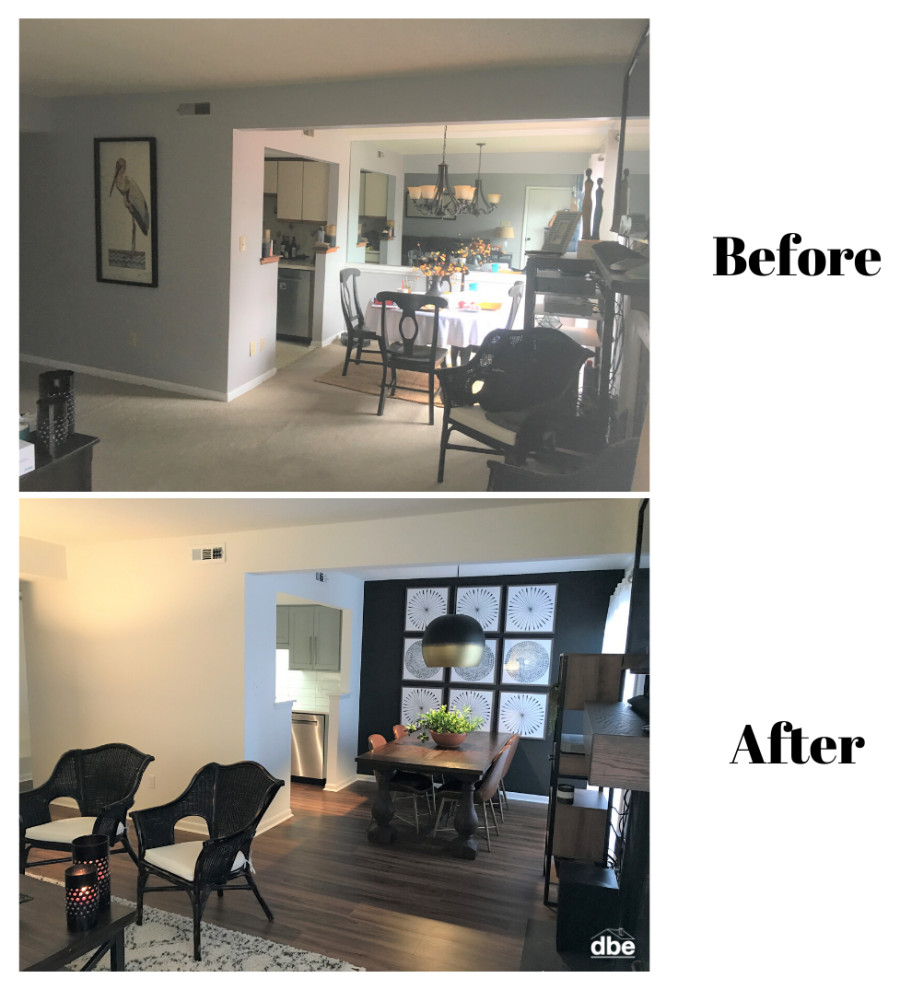 Kitchen - small transitional galley vinyl floor and brown floor kitchen idea with a farmhouse sink, shaker cabinets, blue cabinets, quartz countertops, white backsplash, subway tile backsplash, stainless steel appliances, no island and white countertops