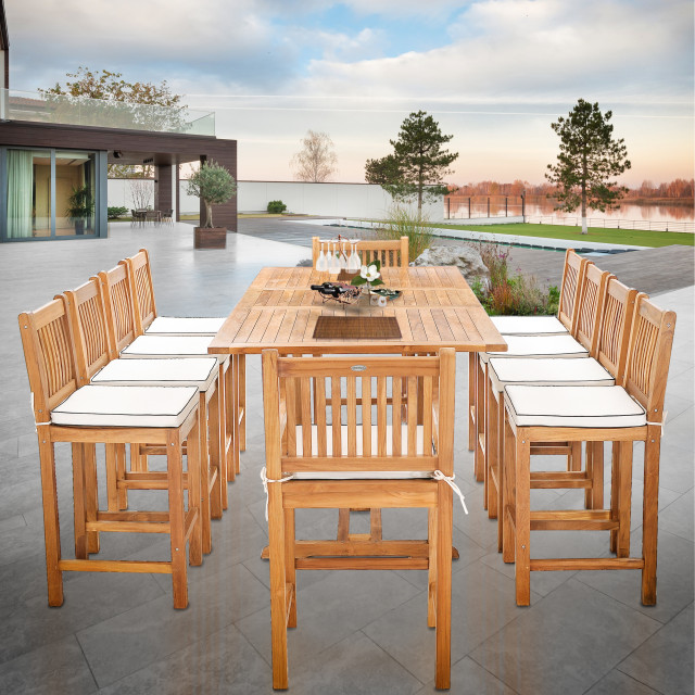 11 Piece Teak Wood Elzas Rectangular Extension Bar Table Dining Set ...