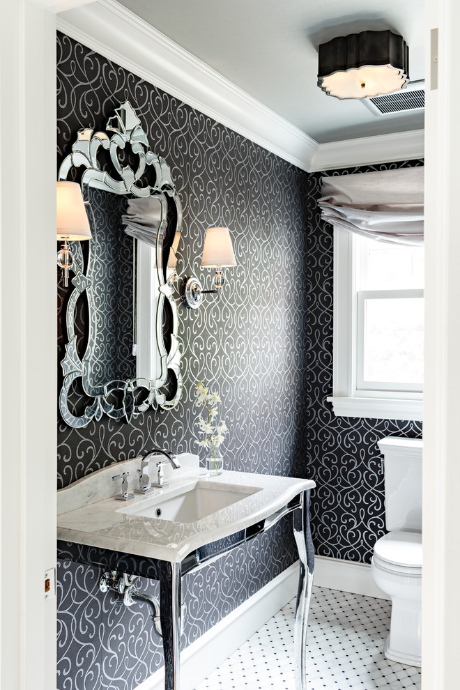 Inspiration for a small traditional powder room in Portland with a console sink, marble benchtops, a one-piece toilet, white tile, black walls and mosaic tile floors.